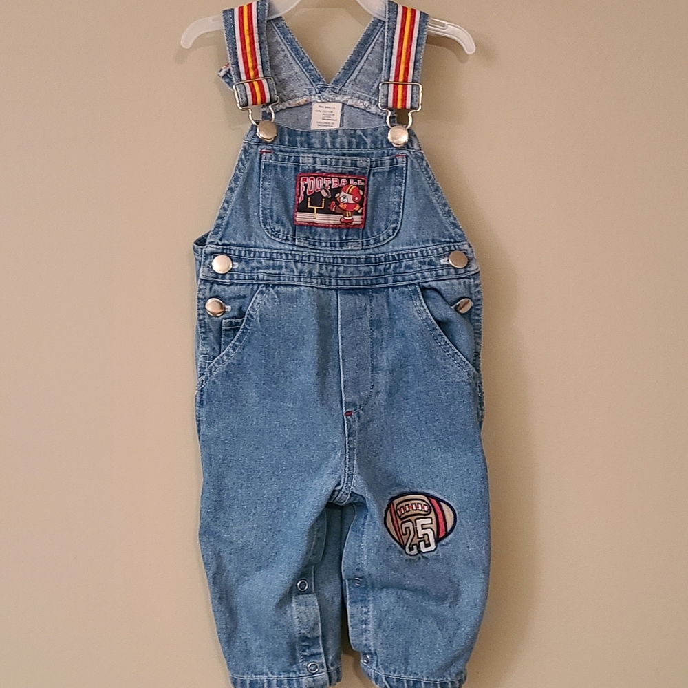 Vintage denim overalls with football detail